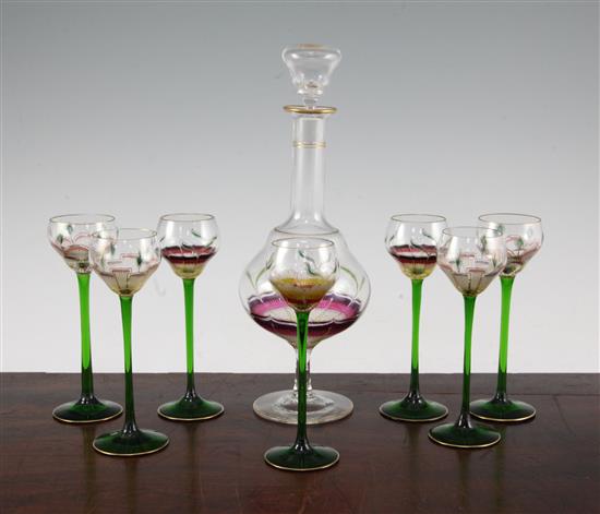 A Theresienthal eight piece enamelled glass liqueur set, c.1902, 14.5cm and 26.5cm